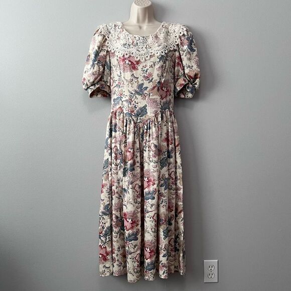 Jessica McClintock Gunne Sax 80's Floral Princess Waist Dress Size 7 - Picture 1 of 9